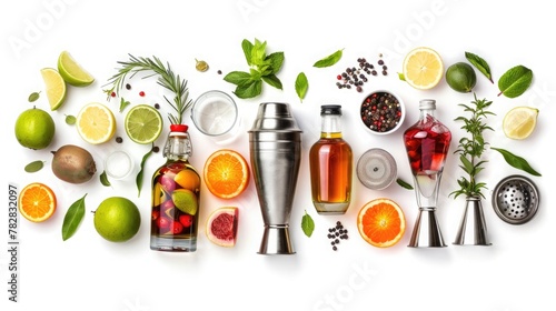 A collection of colorful cocktail ingredients, including fruits, herbs, and mixers, ready to be shaken or stirred into delicious drinks. Isolated on pure white background.