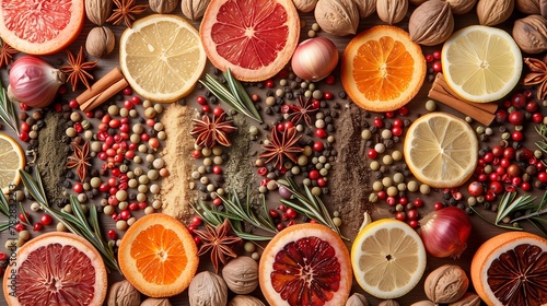 Assorted Spices and Citrus Fruits on Wooden Background