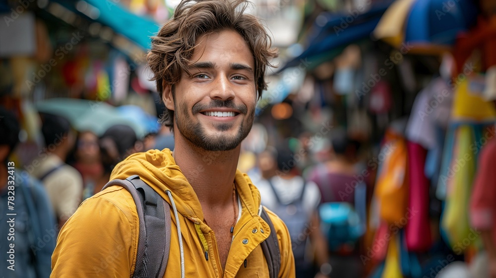 Smiling Young Man with Backpack Exploring Colorful Street Market