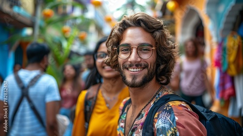 Smiling Young Man with Glasses in Urban Street Market