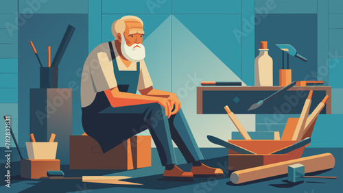 A weathered woodworker sitting a his tools reflecting on his decades of honing his skills and passing down his trade to future generations.