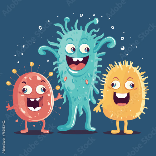 Bacteria  microbes  cute germs and viruses cartoon vector characters with funny faces set. Smiling pathogen microbes  bacteria and coronavirus with eyes  teeth and tongues