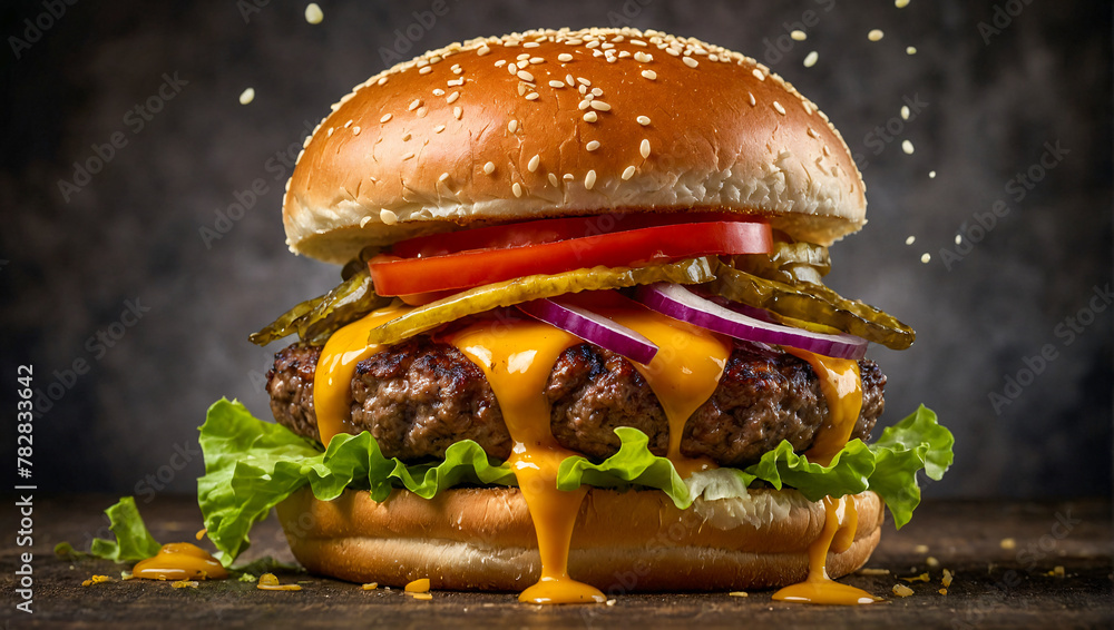 juicy delicious burger on a dark background - obrazy, fototapety, plakaty 