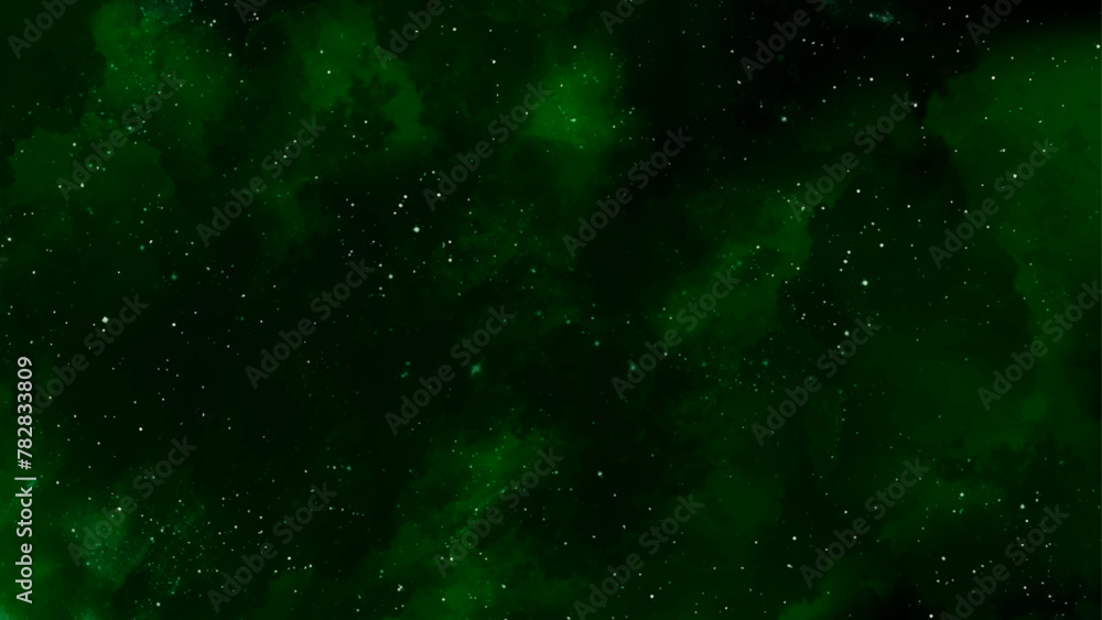 Rain drops on the window, Beautiful green galaxy with stars. Green nebula space background, blue watercolor and paper texture.