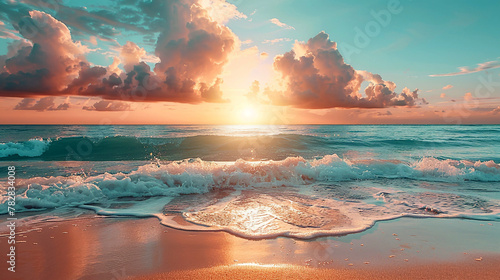 Fototapeta Naklejka Na Ścianę i Meble -  A natural scenery of wide panoramic tropical beach background wallpaper banner with calm sea waves and clouds in the evening