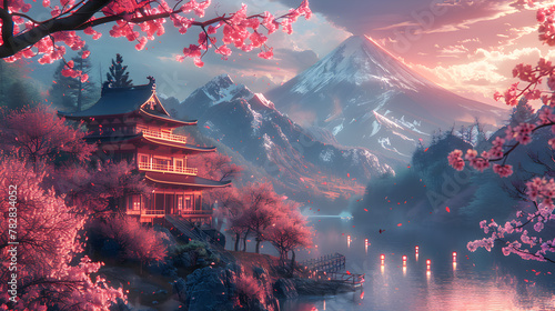 Dreamlike cherry blossoms with Asian traditional buildings  