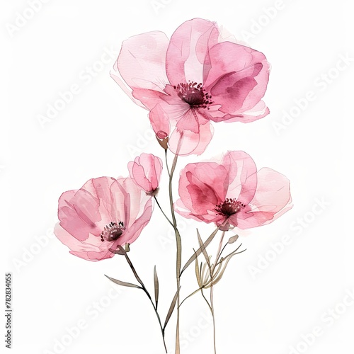 Abstract pink flowers minimal floral watercolor isolated on white background