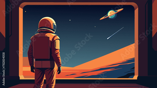 A solitary astronaut floats outside their spaceship gazing in awe at the spectacular meteor shower cascading across the open expanse of space.