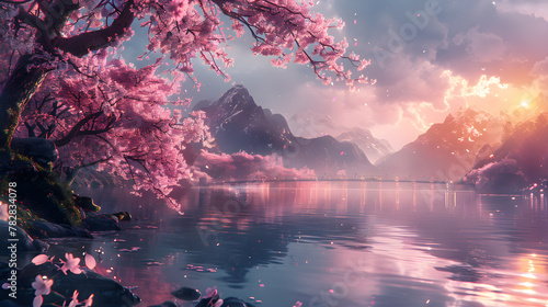 Dreamlike cherry blossoms with beautiful sunset