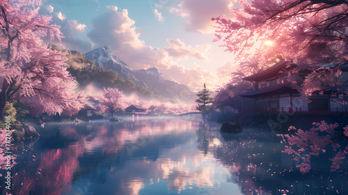Dreamlike cherry blossoms with Asian traditional buildings  