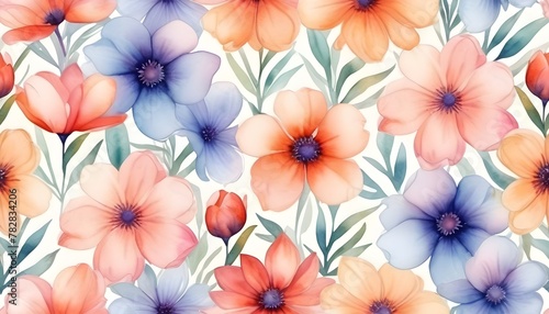 Blooming watercolor flowers vector seamless pattern. This pattern can be used for fabric textile wallpaper fashion design dress background.