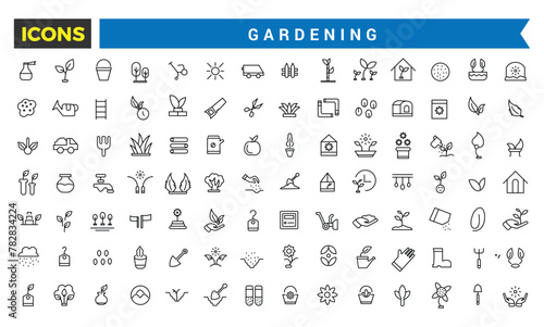 Gardening, Garden Tools And Buildings Icons Set, Set Of Power Tools, Greenhouse, Garden Chair, Tent, Bench, Lawnmower, Trimmer, Fence, Gate, Pool, Flowerpot Vector Icon, Vector Illustration