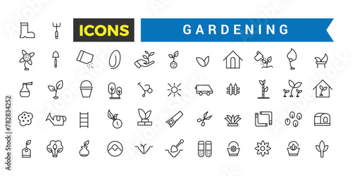 Gardening, Garden Tools And Buildings Icons Set, Set Of Power Tools, Greenhouse, Garden Chair, Tent, Bench, Lawnmower, Trimmer, Fence, Gate, Pool, Flowerpot Vector Icon, Vector Illustration