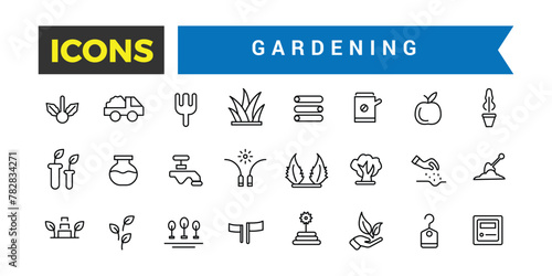 Gardening, Garden Tools And Buildings Icons Set, Set Of Power Tools, Greenhouse, Garden Chair, Tent, Bench, Lawnmower, Trimmer, Fence, Gate, Pool, Flowerpot Vector Icon, Vector Illustration