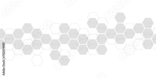 Hexagon seamless pattern. Monochrome background. Texture of geometric shapes, hexagons. Lines, dots, cells, honeycombs.