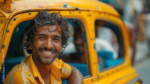 Smiling Rickshaw Driver Leaning on Yellow Tuk-Tuk