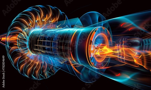 Visualize Jet Engine Combustion, Simulate Heat and Fluid Dynamics. Display temperature spread and velocity vectors for combustion efficiency