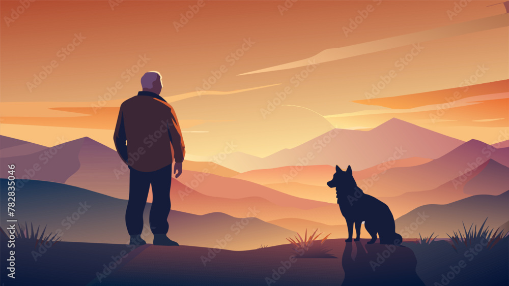 The silhouette of a senior man and his faithful dog against the backdrop of a stunning golden sky showcasing the bond between human and animal - obrazy, fototapety, plakaty 