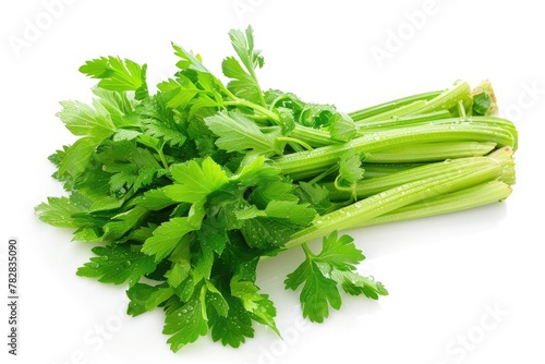 A bunch of fresh, green celery stalks, isolated on a white background, with water droplets highlighting their freshness.