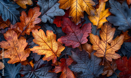 Bright autumn leaves form a colorful mosaic of red  yellow  orange and purple  signaling the changing of the seasons.