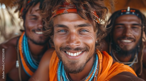 Smiling Young Men With Traditional Beaded Jewelry Taking Selfie