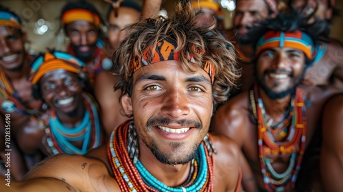 Group of Tribal Men with Traditional Bead Necklaces Smiling at the Camera