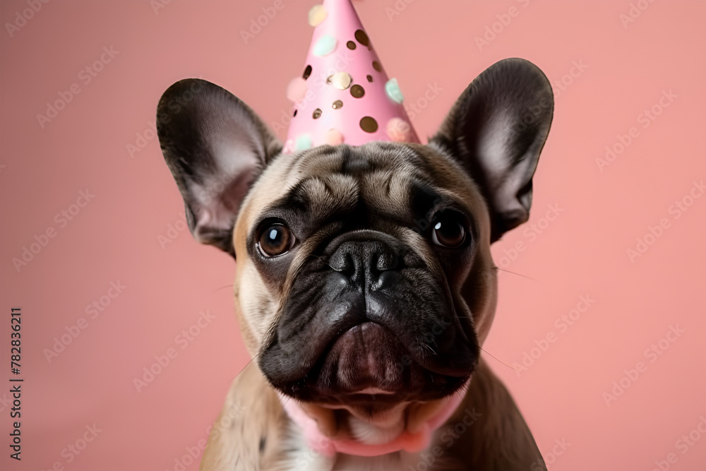 a cute baby boston terrier on a white background with a birthday hat on