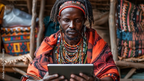 African Man in Traditional Clothing Using Tablet