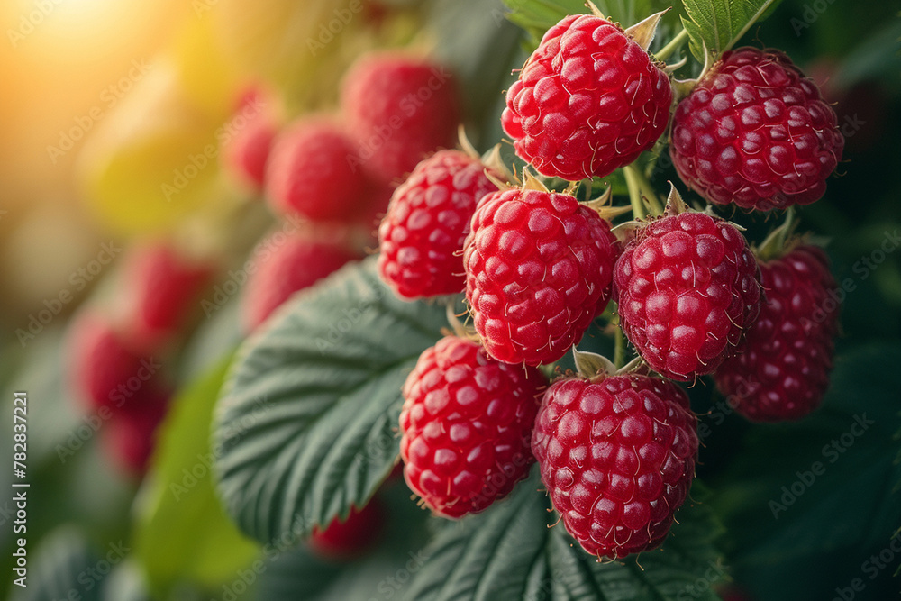 Branch of ripe raspberries in garden. Red sweet berries growing on raspberry bush in fruit garden. Branch of ripe raspberries in garden. Red sweet berries growing on raspberry bush in fruit garden.