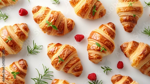 Fresh Croissants with Raspberries and Rosemary on White Background