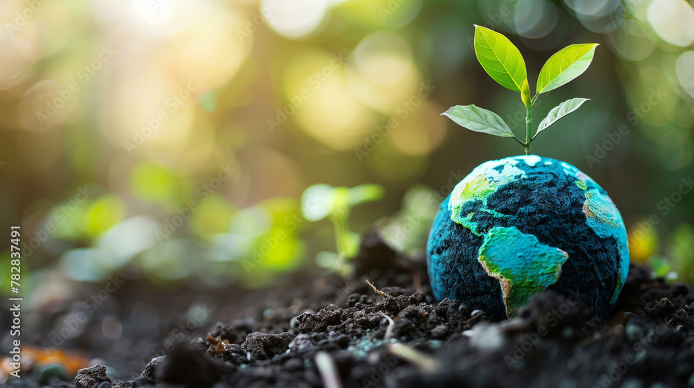 A small green plant is growing out of a globe. Concept of growth and renewal, as the plant is emerging from the globe A small green plant is growing out of a globe. Concept of growth and renewal, as the plant is emerging from the globe