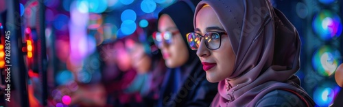A woman wearing a headscarf and glasses in a linear side shot photo
