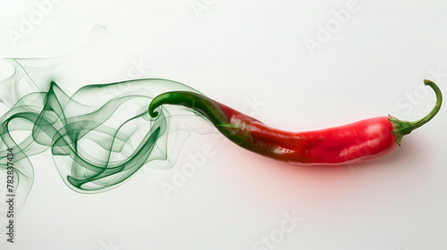red and green hot chili pepper with color smoke on white,Piment rouge chaud isolé sur fond blanc avec de la fumée rouge,smoking chili.