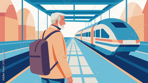 A senior man confidently navigating a busy train station with his backpack ready to embark on a solo journey through multiple European