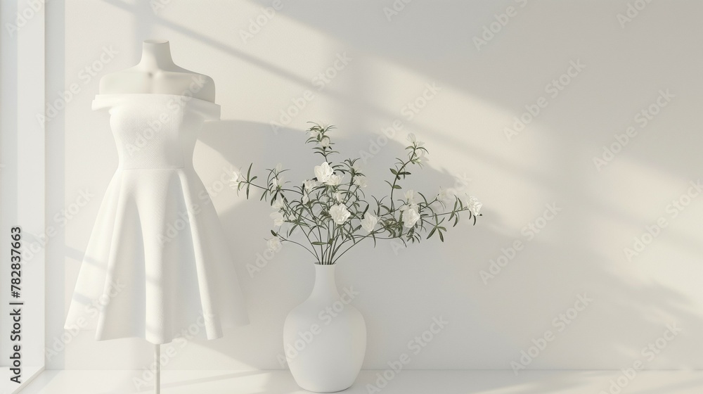 white dress mockup, white wall and plant background, 3d render white dress mockup, white wall and plant background, 3d render