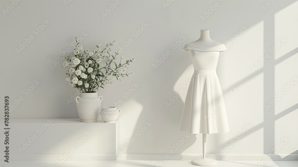 white dress mockup, white wall and plant background, 3d render white dress mockup, white wall and plant background, 3d render