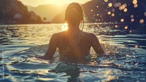 Refreshing Dip: Woman Enjoying a Splash While Swimming in the Lake
