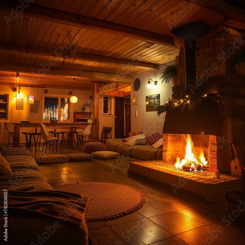 Cozy hostel common room, fireplace, evening, intimate lighting , photographic style
