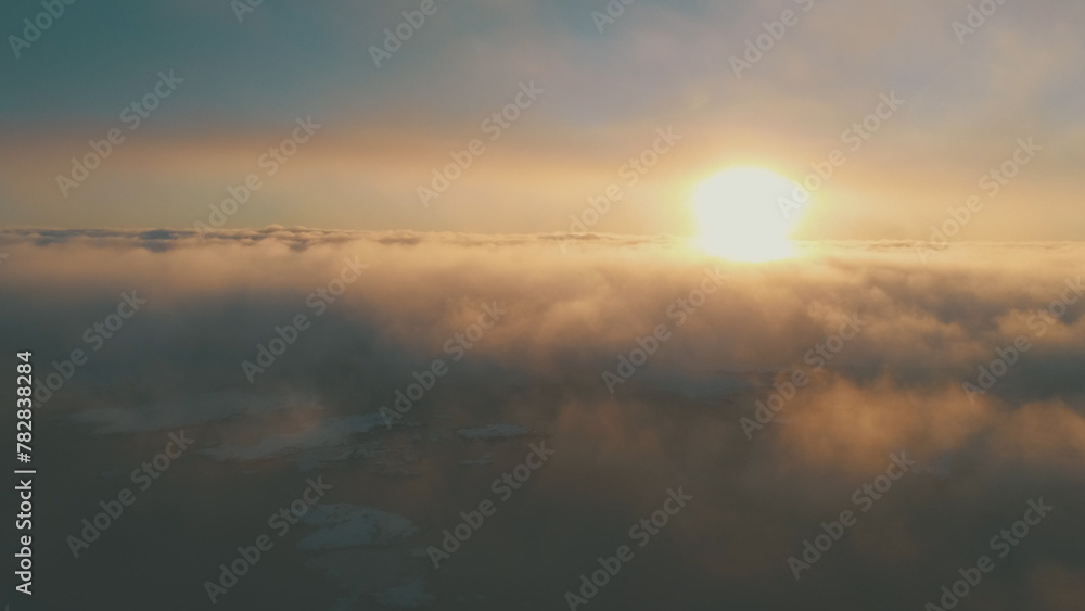Antarctic Sunset Ocean Coast Fog Aerial View. Cloud Sunlight Sky at Arctic Coastal Glacier Water Panorama. Polar Orange Sunrise over Panoramic Antarctica Nature Drone Flight