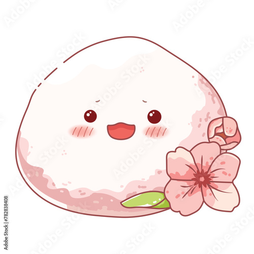 Cute kawaii mochi with sakura flowers. Japanese traditional confectionery. Vector illustration