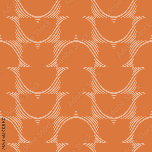 Abstract minimal seamless pattern. Simple textured wavy lines on bright orange background. Minimalistic joyful wallpaper. Luxurious motif for interior design, wallpaper, packaging, decoration