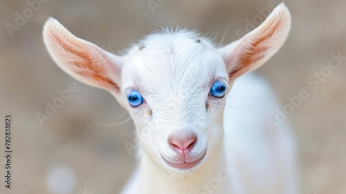 Captivating baby goat with stunning blue eyes in a charming rustic barn environment
