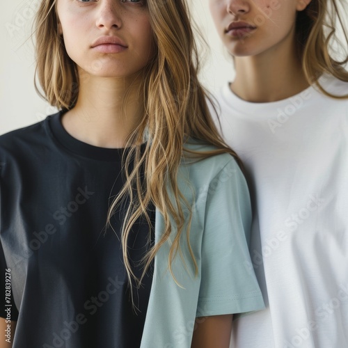 Two young women are standing close to one another. They both have long blonde hair and are wearing white shirts.