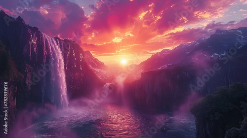Sunset Over Majestic Waterfall and Mountain Landscape