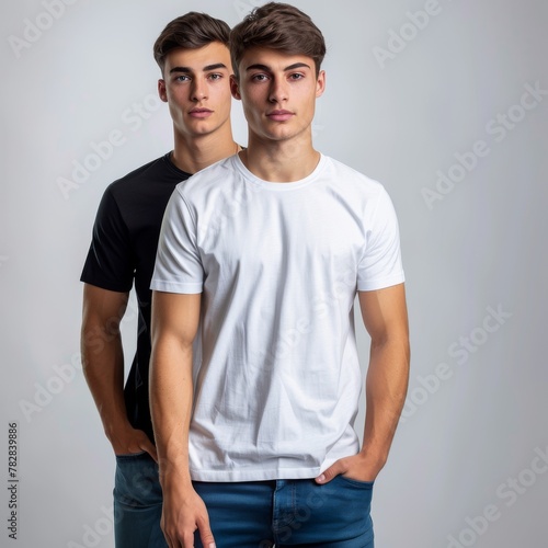2 male models in green, blue, and white t-shirts
