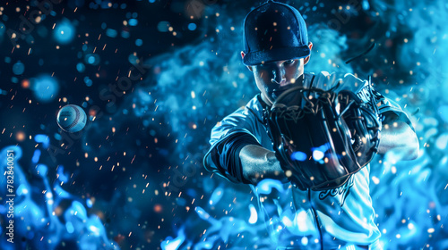 Baseball pitcher with intense blue energy