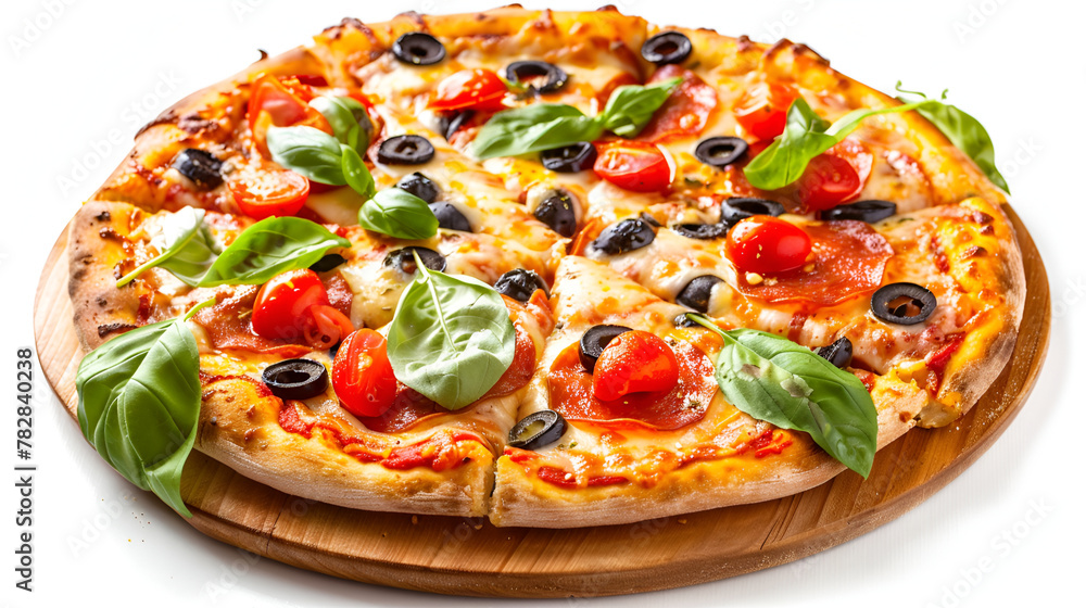 Delicious Pizza With Tomatoes, Olives, and Basil. A freshly baked pizza topped with vibrant red tomatoes, savory olives, and fragrant basil leaves. On Transparent Clear Background.