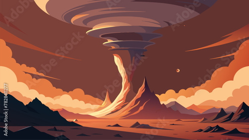 On a distant planet a towering extraterrestrial tornado tears through the sky dwarfing the rugged mountains in the backdrop. The swirling winds