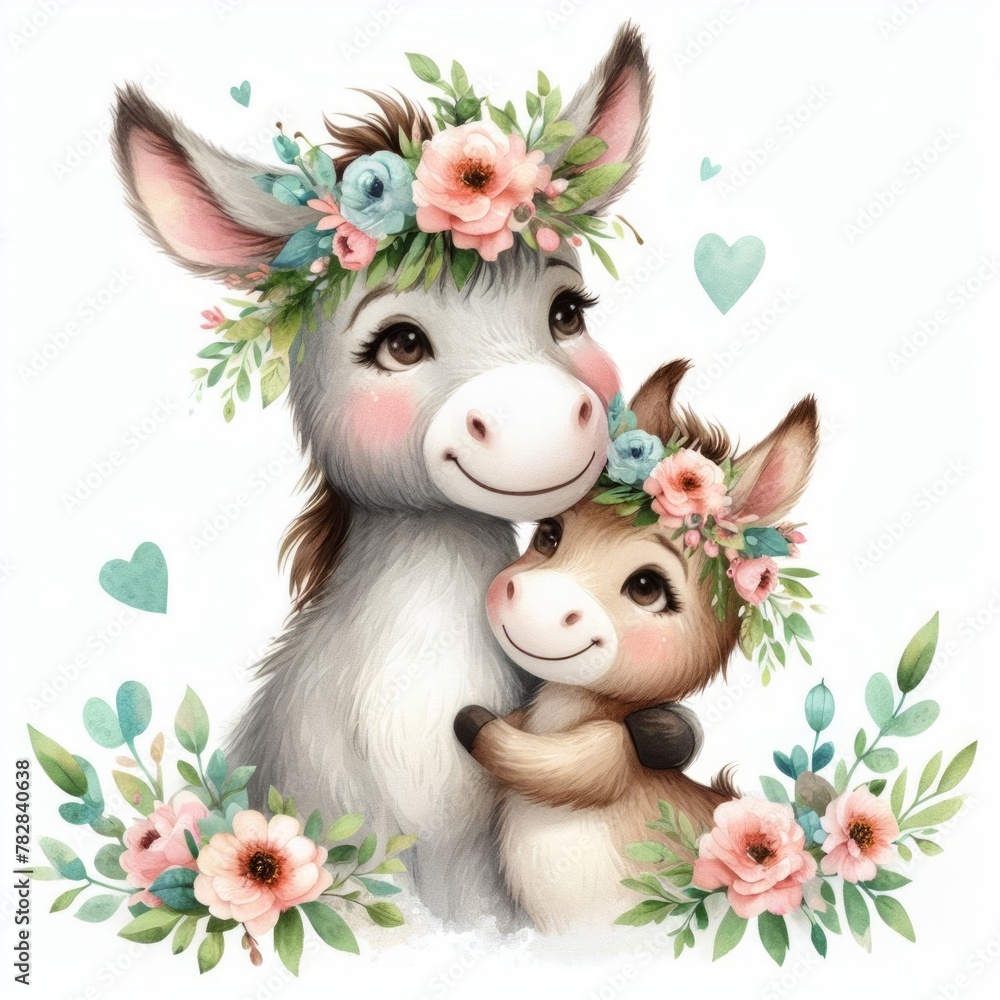 Donkey Mom and Son , Watercolor Mother's Day Clip Art, Greeting Art Cute Cartoon Character Illustration Design Isolated on White Background