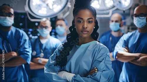 AfricanAmerican Female Surgeon Exuding Confidence in the Operating Room with Her Focused Medical Team Generative ai photo